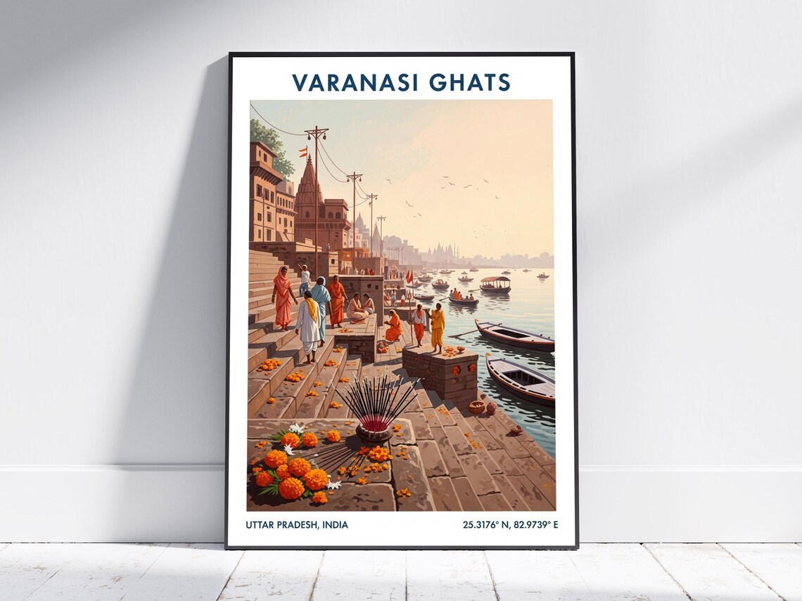 Varanasi Ghats India River Steps Boats Vintage Travel Poster