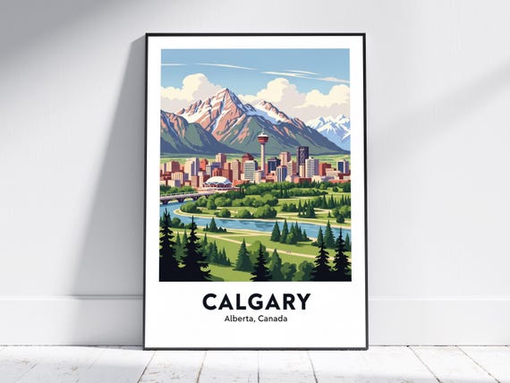 Calgary Skyline Art Print Blue And Green Wall Vintage Retro Travel Poster Canadian Landscape For Living Room Or Office Decor