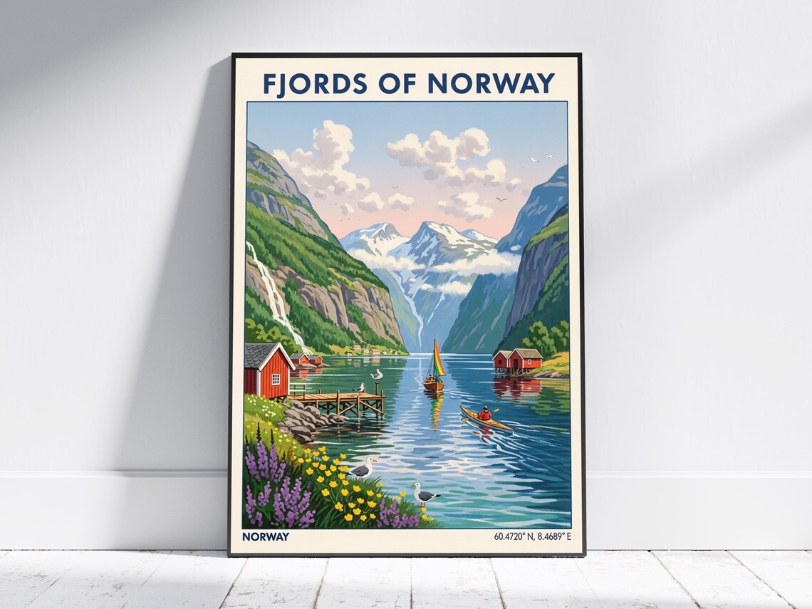 Fjords Of Norway Vintage Travel Scenic Landscape Illustration Poster