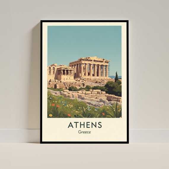 Parthenon Art Print Vintage Travel Wall Poster Beige And Green Blue Classical Architecture Living Room Or Office
