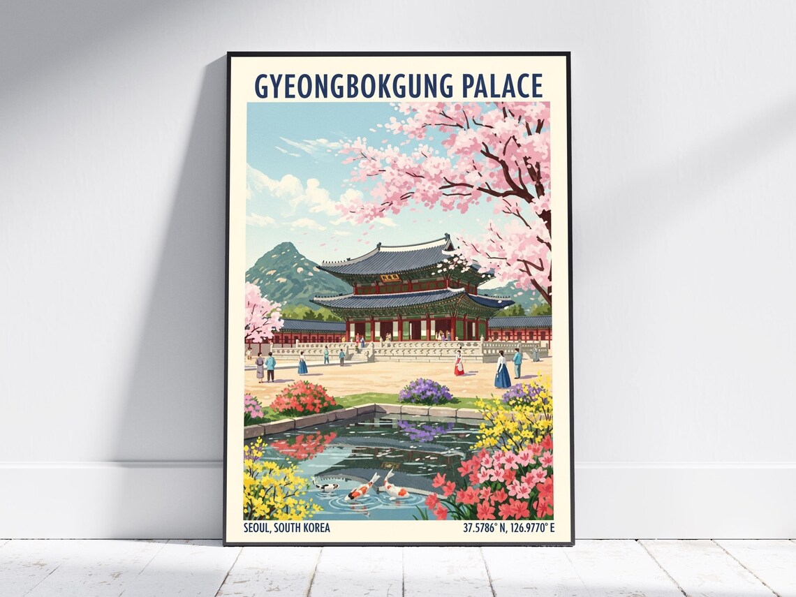Gyeongbokgung Palace Seoul Korea Cherry Blossom Vintage Travel Poster