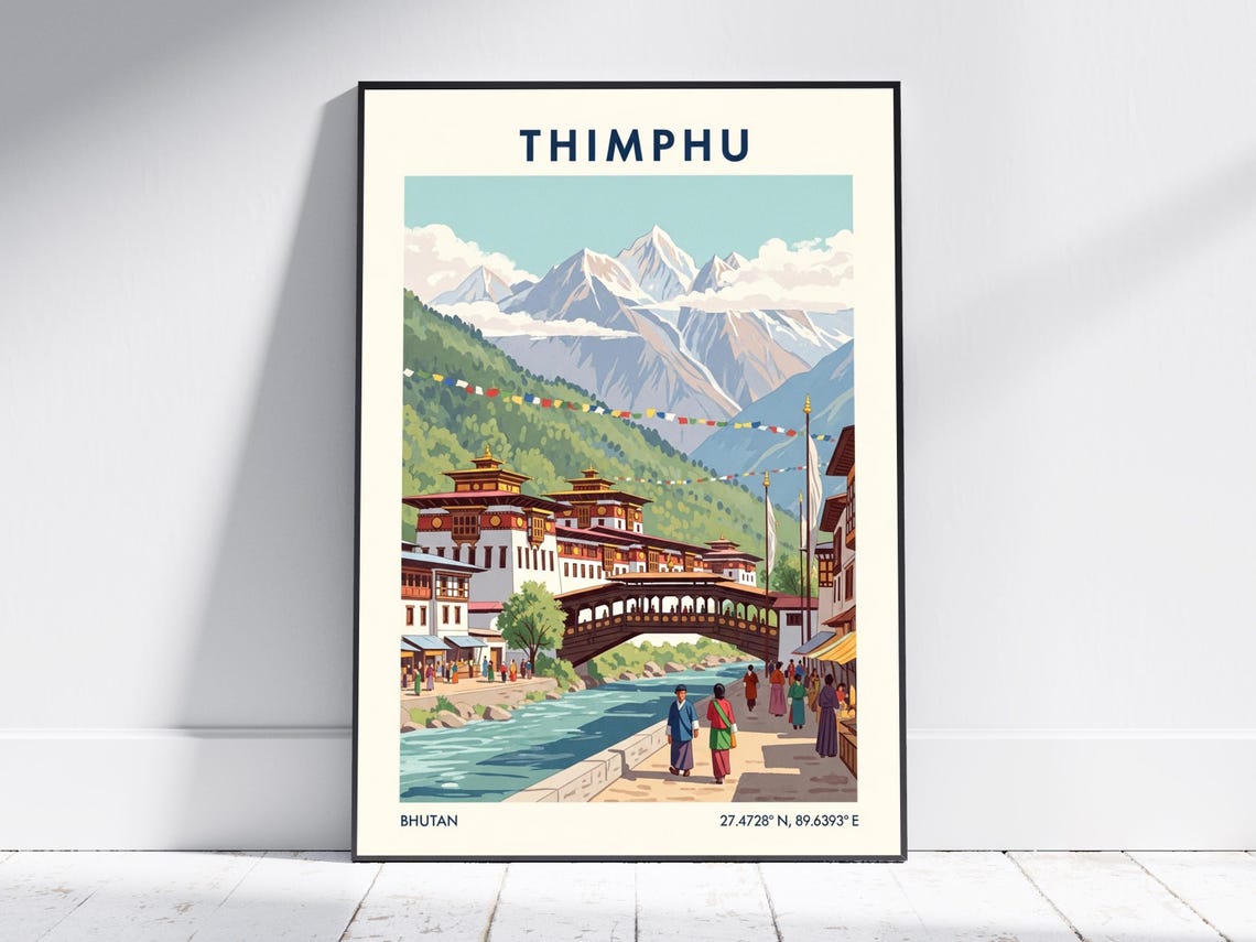 Thimphu Bhutan Mountain Town Himalayas Vintage Travel Poster