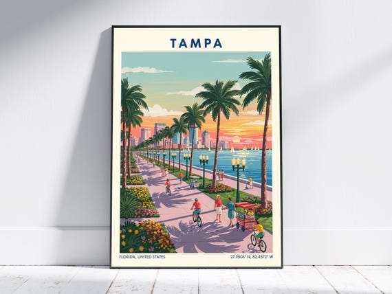 Tampa Flordia Usa Travel Poster Vintage Florida Wall Art Print Retro Skyline Home Decor For Living Room Or Office
