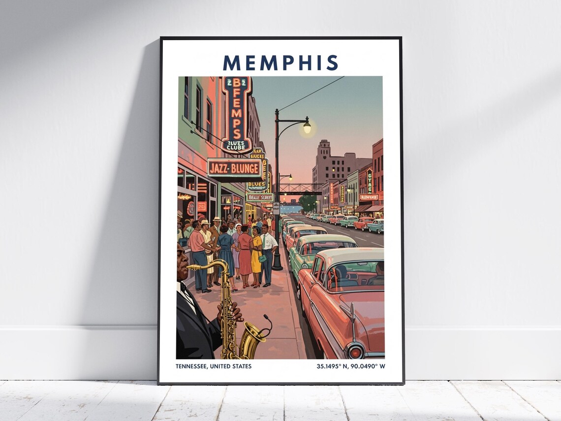 Memphis Tennessee Beale Street Blues Night Retro Travel Poster