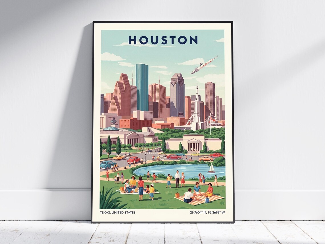 Houston Texas Retro Skyline Travel Poster Vintage City Park Scene Art