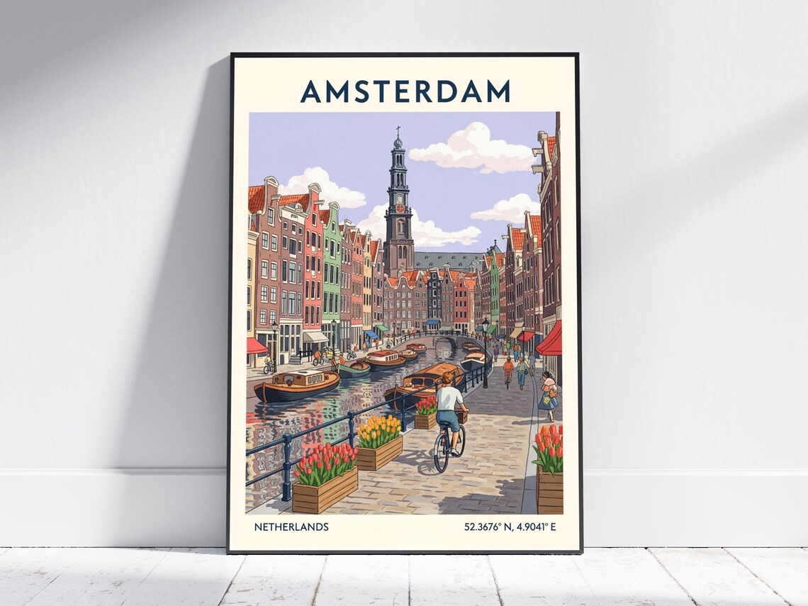 Amsterdam Netherlands Vintage Canal Boats Bikes Tulips Poster