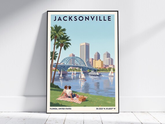 Jacksonville Florida River Sailboats Picnic Vintage Travel Poster