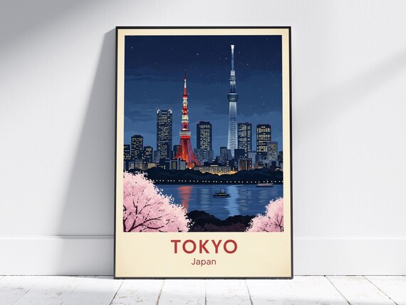 Tokyo Japan Night Skyline Tower Blossom View Travel Poster Art
