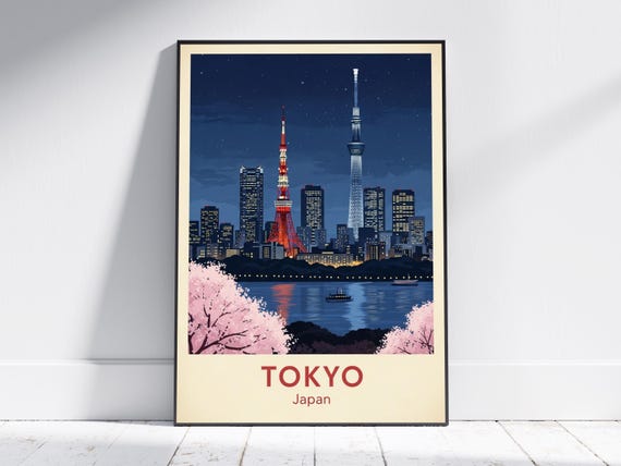 Tokyo Skyline Night Print Navy And Pink Urban Landscape Japanese Art For Living Room Or Office Cherry Blossom Decor