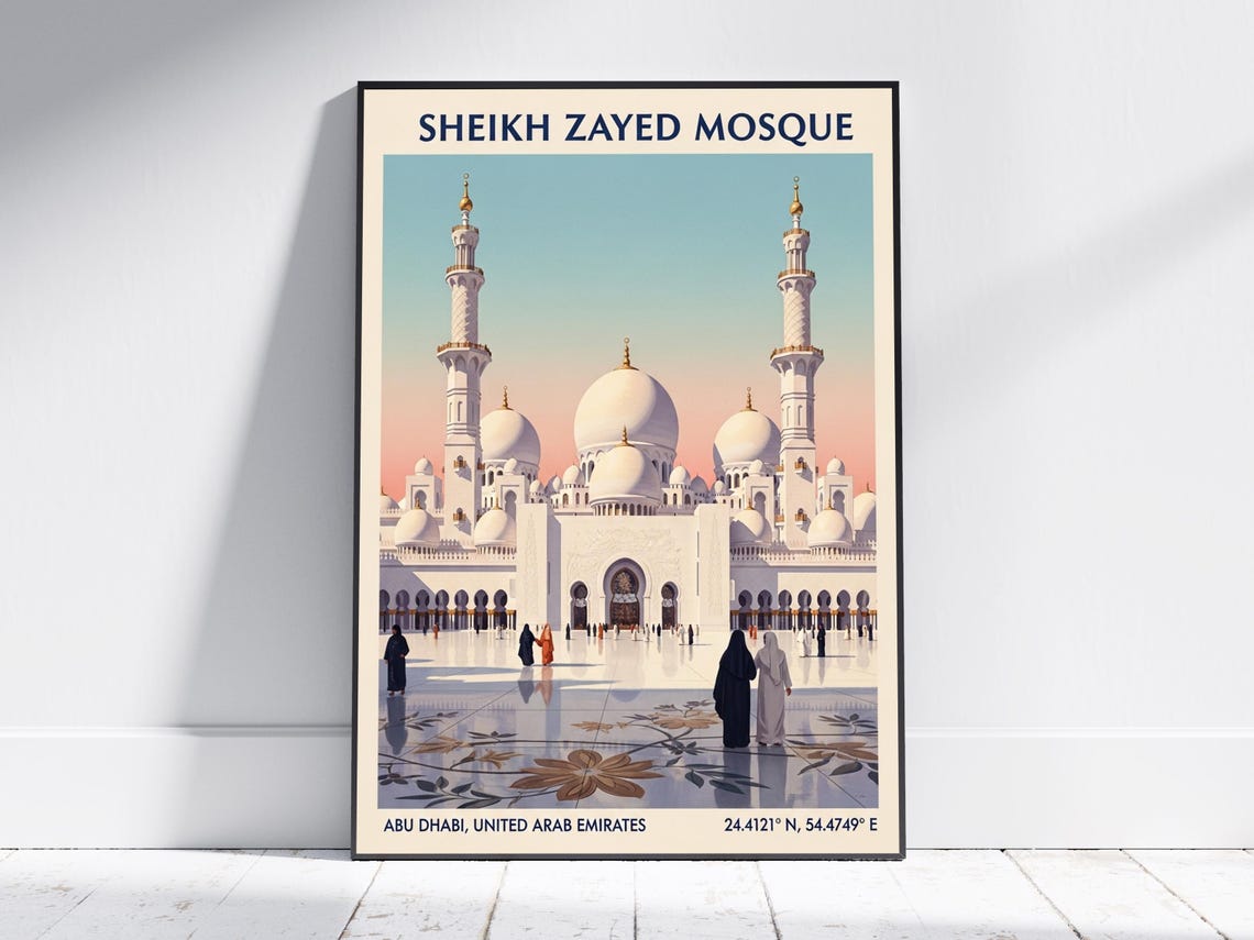 Sheikh Zayed Grand Mosque Abu Dhabi White Domes UAE Travel Poster