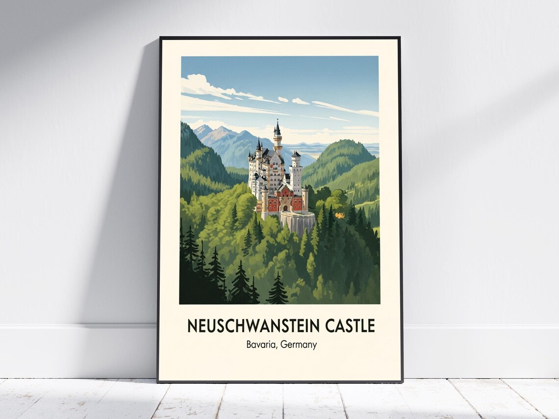 Neuschwanstein Castle Bavaria Germany Vintage Art Travel Poster