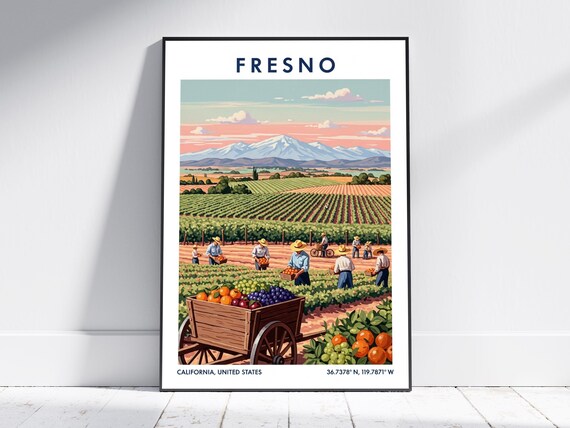 Fresno California Harvest Orchards Vintage Retro Travel Poster