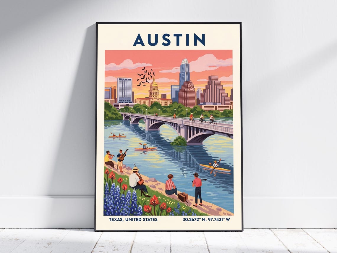 Austin Texas Congress Bridge Bats River Sunset Retro Travel Poster