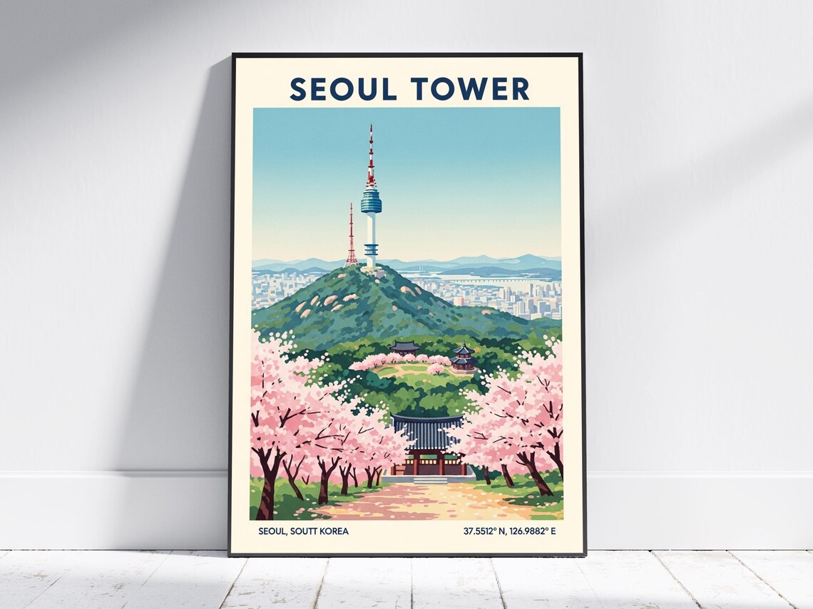 Seoul Tower Namsan Cherry Blossom South Korea Spring Travel Poster