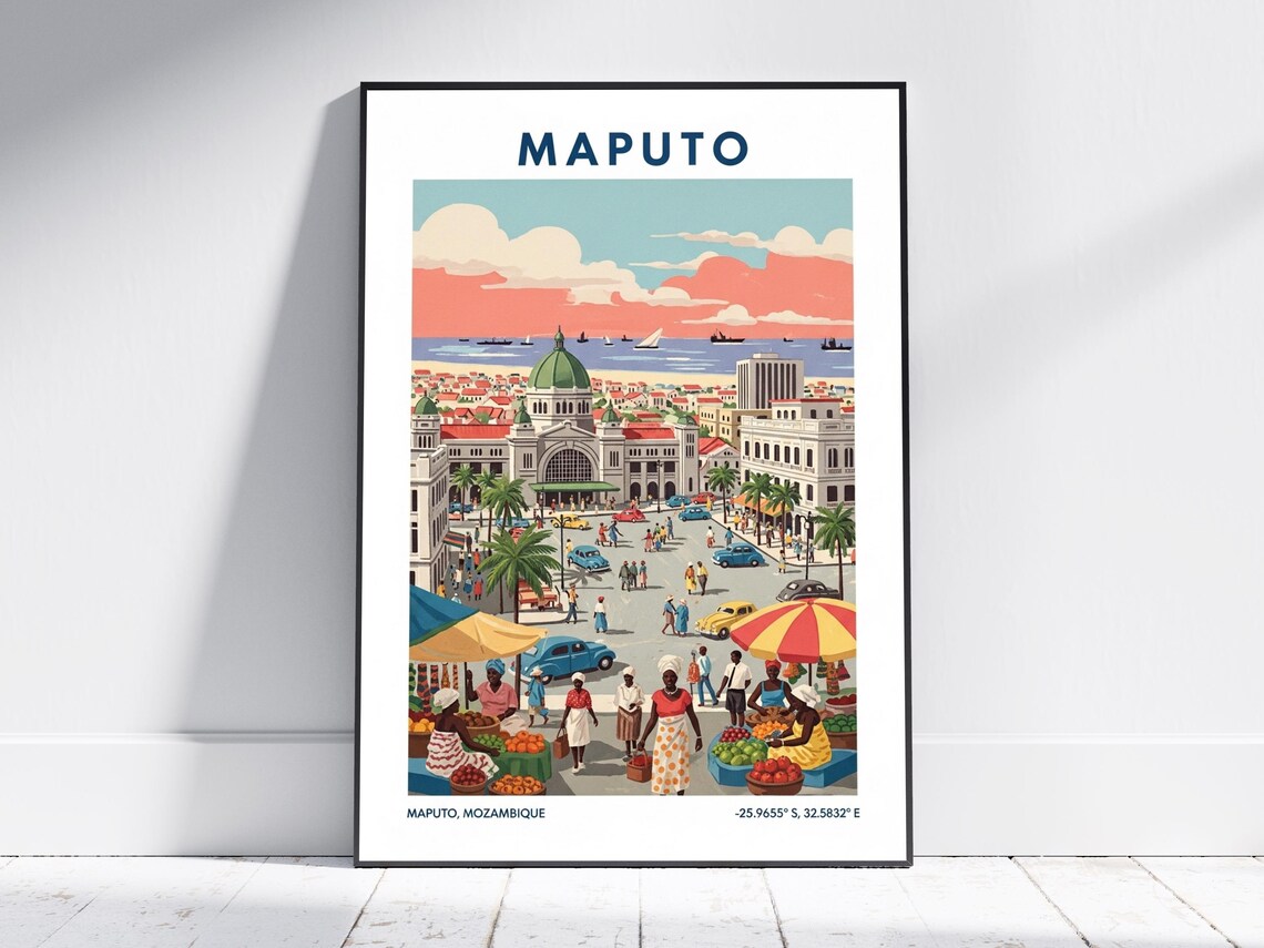 Maputo Mozambique Harbor Market Vintage African Travel Poster