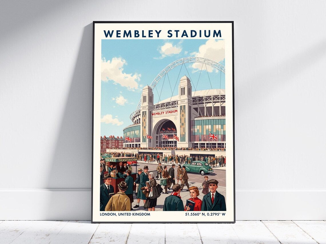 Wembley Stadium London Arch Crowd Vintage Football Travel Poster