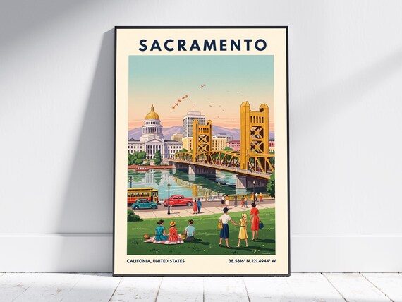 Sacramento California Tower Bridge Vintage Retro Travel Poster
