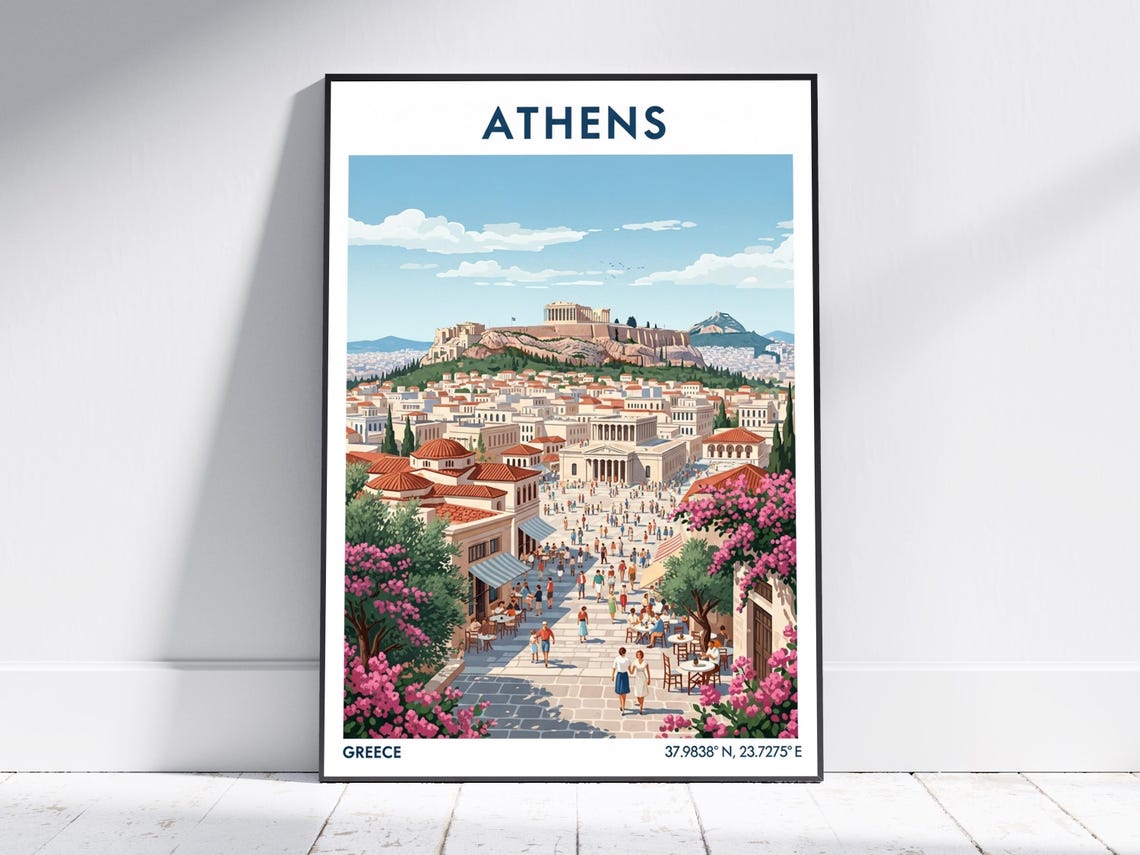 Athens Greece Acropolis Hill Vintage Travel Illustration Poster