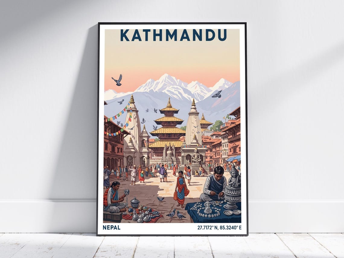 Kathmandu Nepal Himalayan Temples Street Market Travel Poster