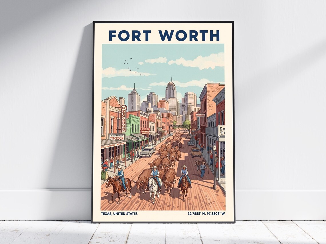Fort Worth Texas Stockyards Cattle Drive Cowboys Vintage Travel Poster