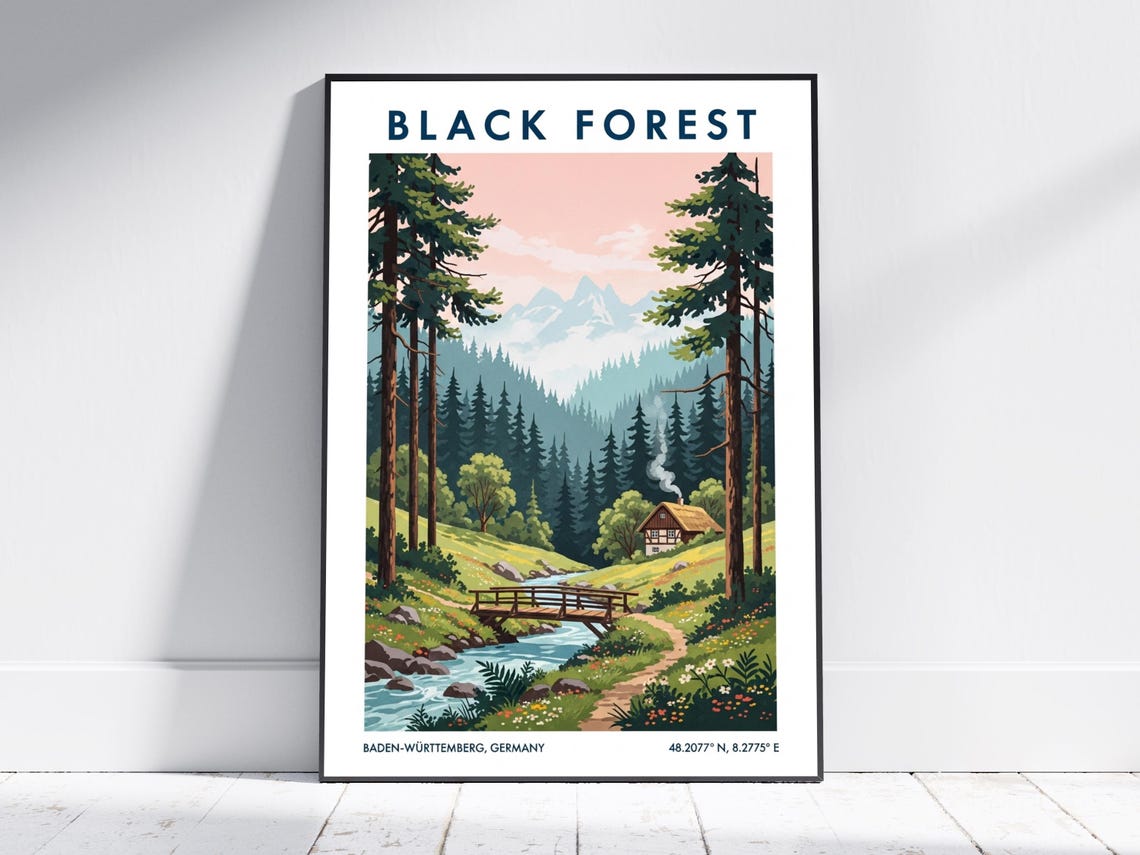 Black Forest Germany Vintage Cabin Pines Stream Travel Poster