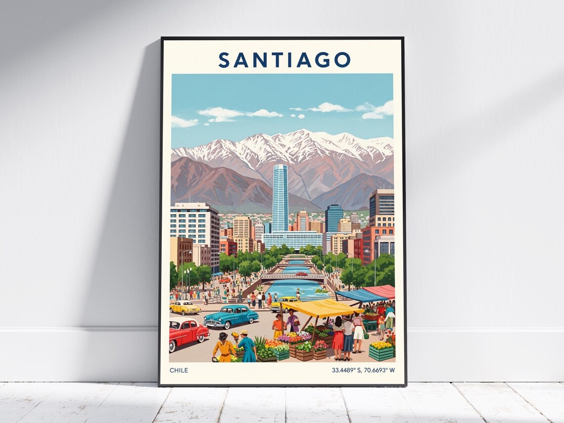 Santiago Chile Andes Mountains Street Market Vintage Travel Poster