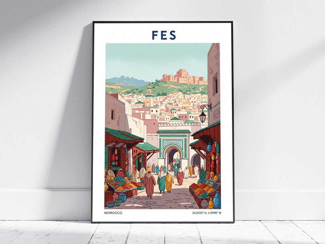 Fes Morocco Vintage Travel Medina Souk Market Street Scene Poster