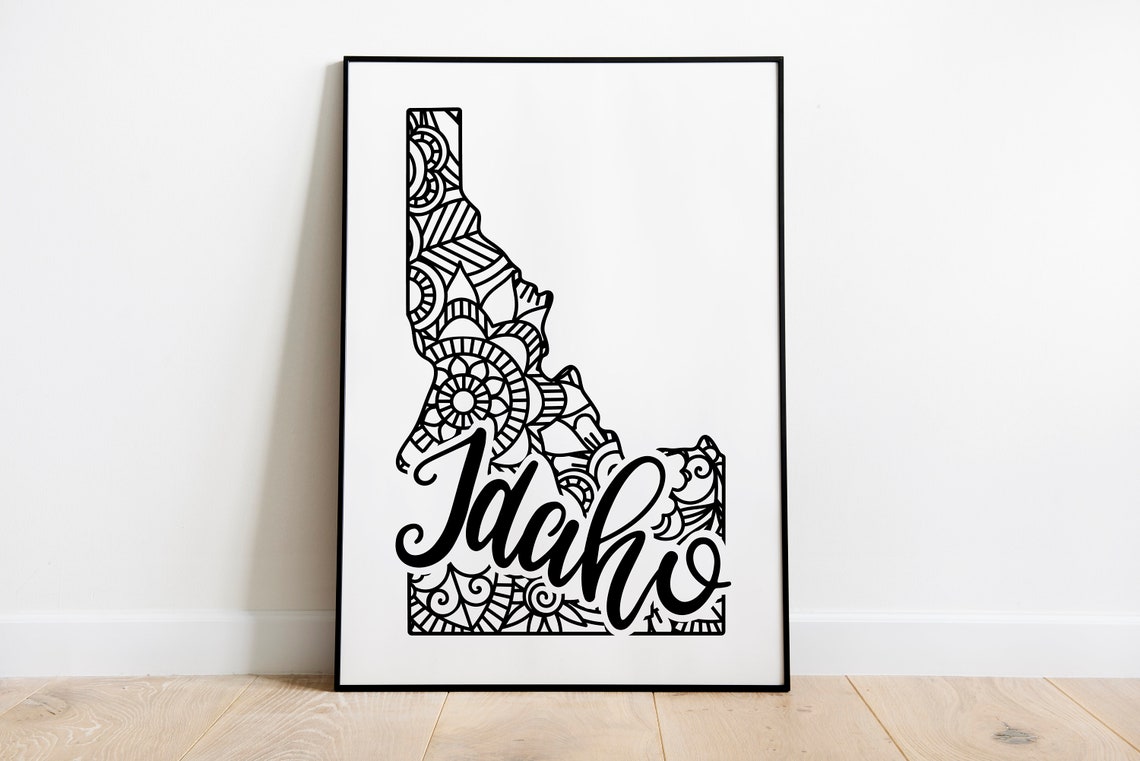 Idaho Floral Mandala State Outline Map Black White Home Decor Poster