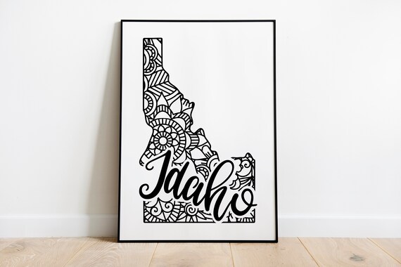 Idaho Floral Mandala State Outline Map Black White Home Decor Poster