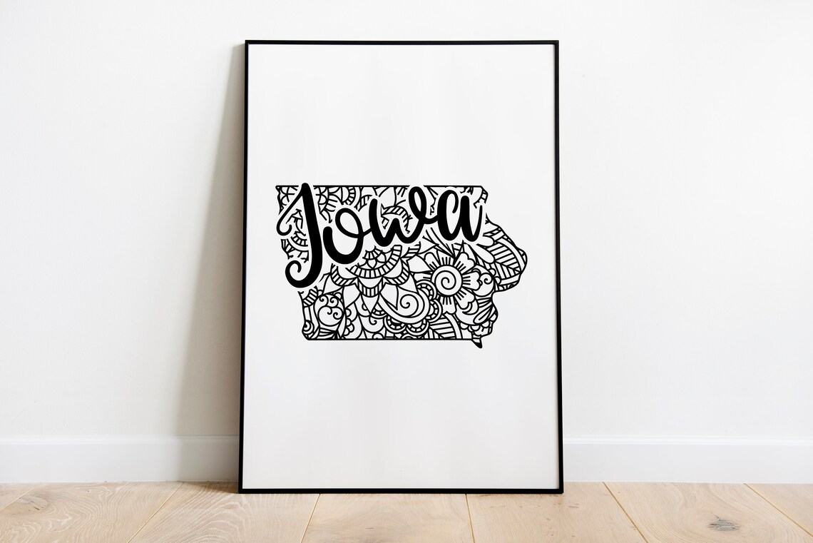 Iowa Floral Mandala State Outline Map Black White Home Decor Poster - Image 2