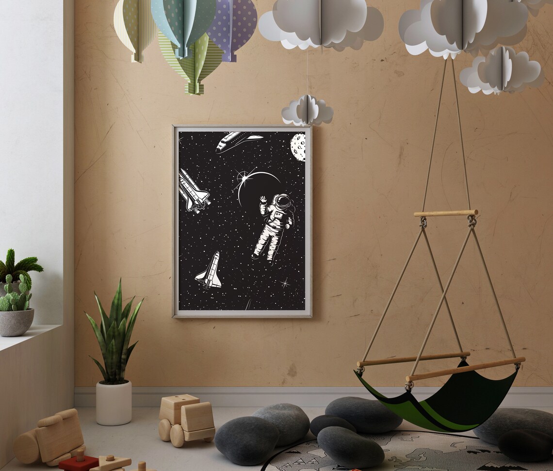 Space Astronaut With Shuttles Black Starry Night Sky Kids Wall Art Poster - Image 3