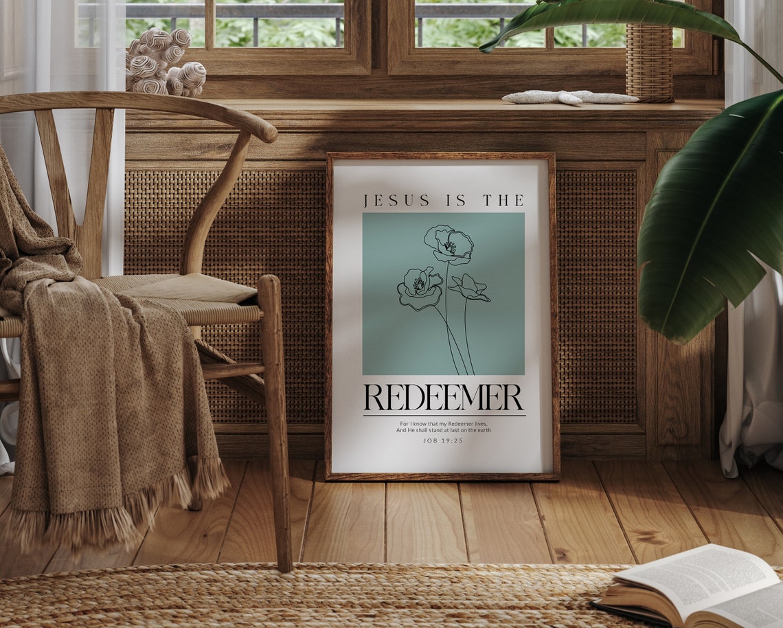 Jesus Is the Redeemer Job 19:25 Line Floral Scripture Poster - Image 6