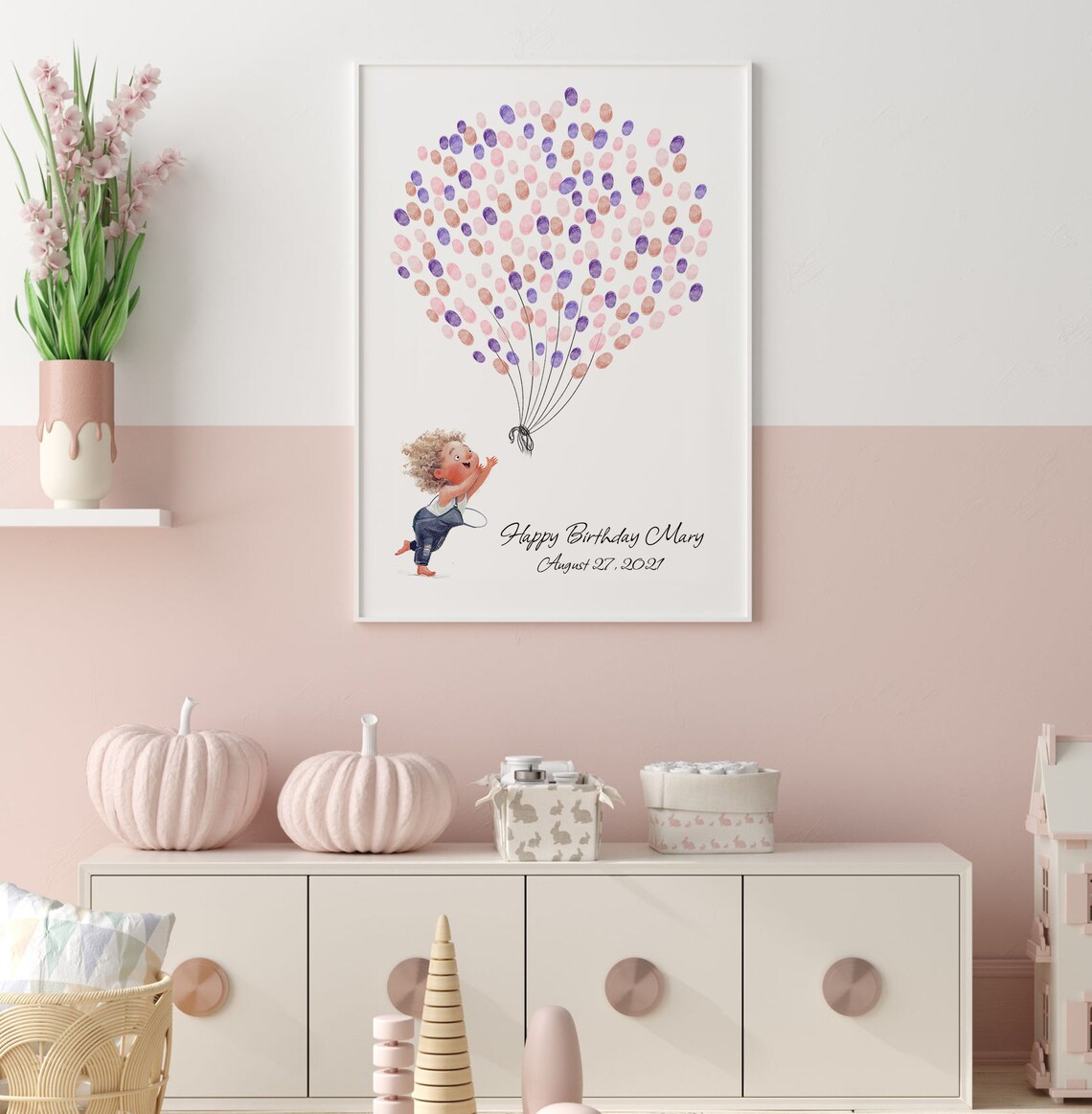 Baby Girl Catching Balloons Guest Book Birthday Fingerprint Balloon Baby Shower Guest Book New Born Thumbprint Tree - Image 3