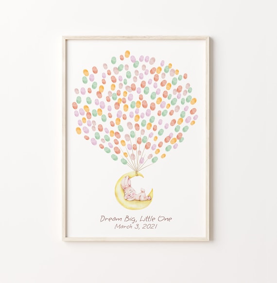 Sleeping Bunny on Moon Pastel Starry Birthday Guest Book Poster