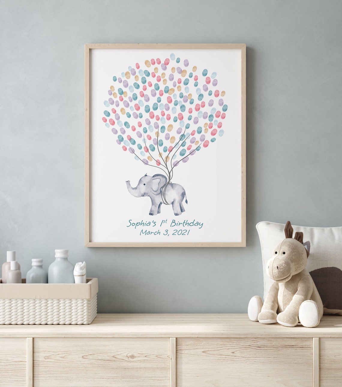 Baby Elephant Guest Book, Watercolor Balloon Tree Print - Image 4