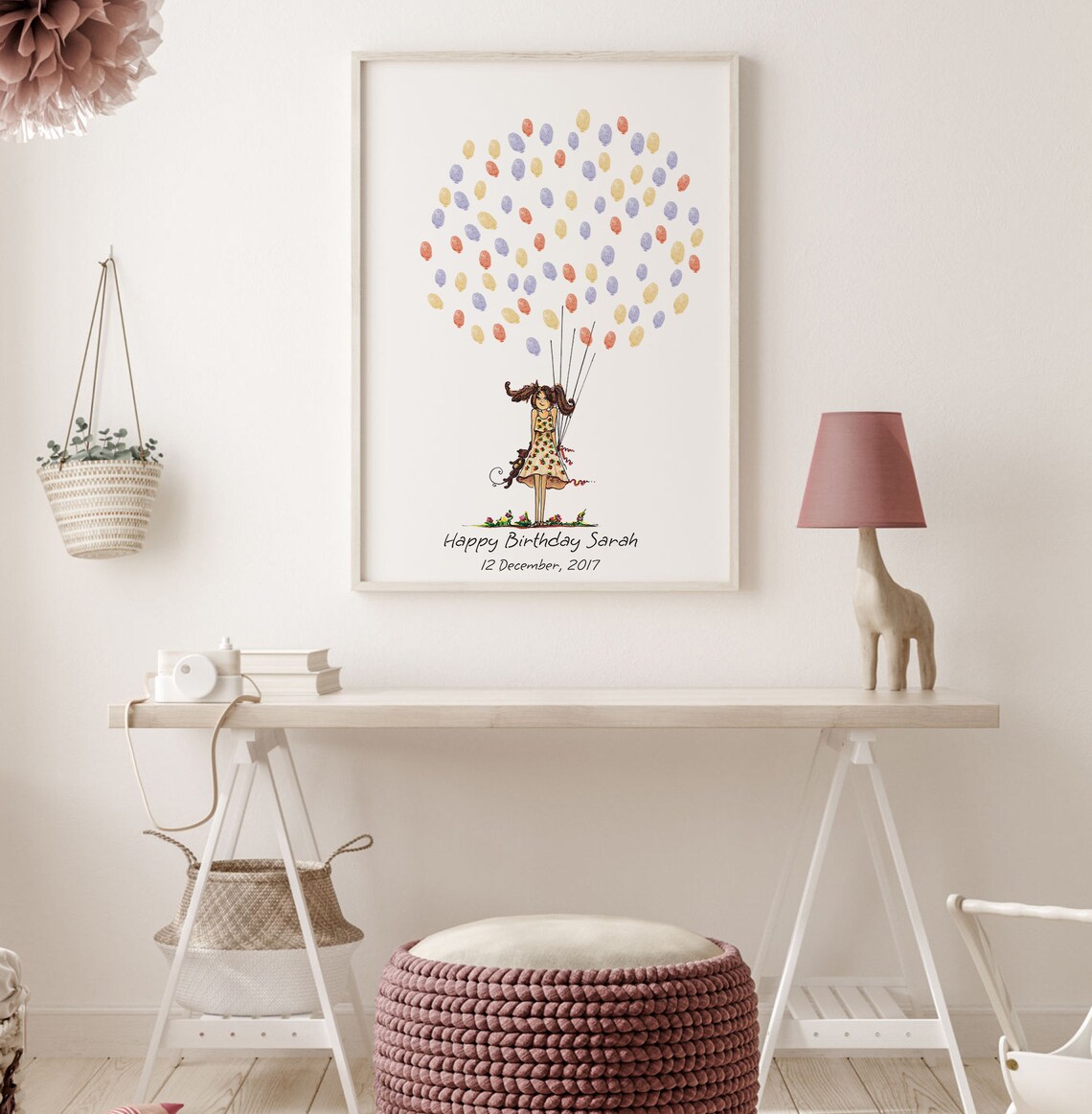 Baby Girl Guest Book, Birthday Fingerprint Balloon Art Print - Image 4