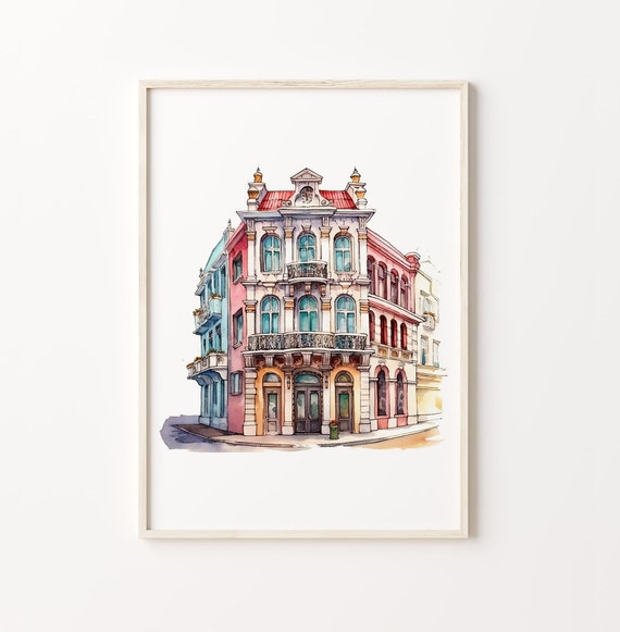 Vibrant Watercolor Painting Of Cute Famous Colored Buildings High Detail Art Architecture Painting