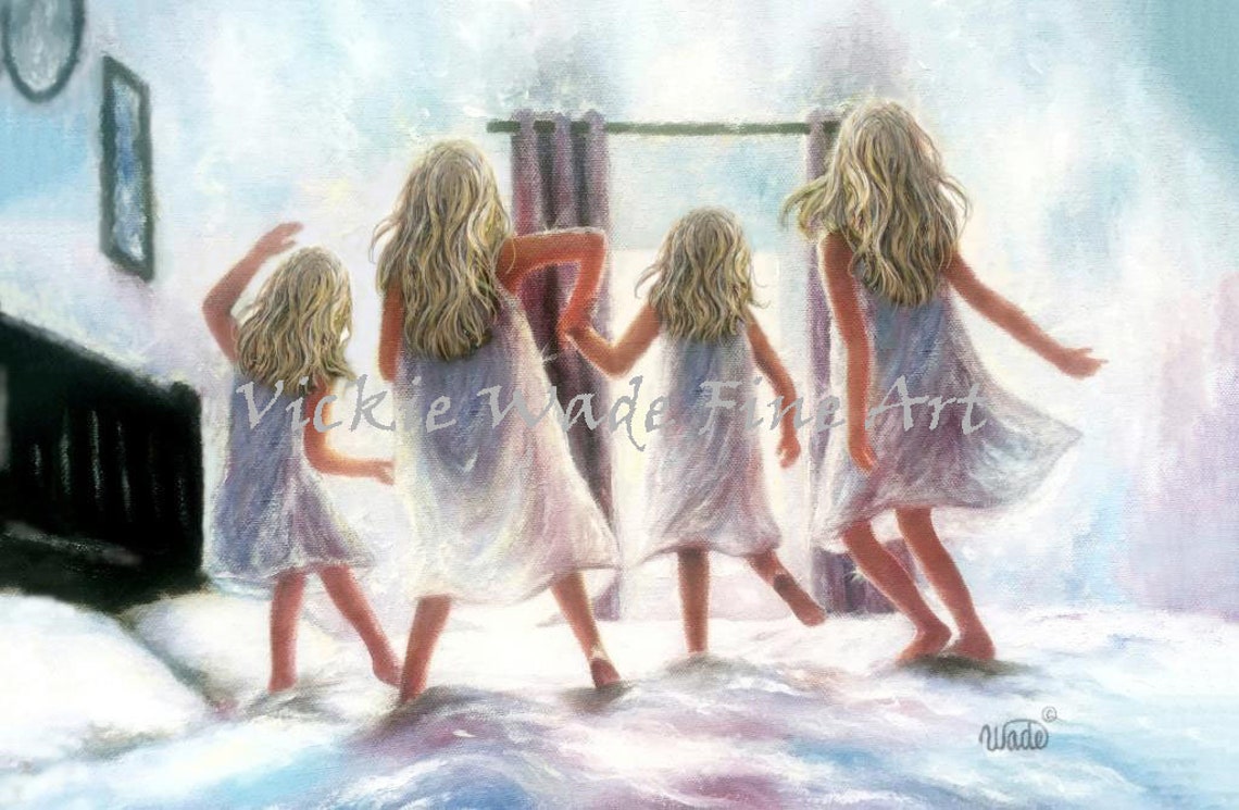 Four Sisters Jumping On The Bed Art Print Four Girls Four Blonde Sisters Daughters Four Blonde Girls Wall Art Bedroom Vickie Wade Art