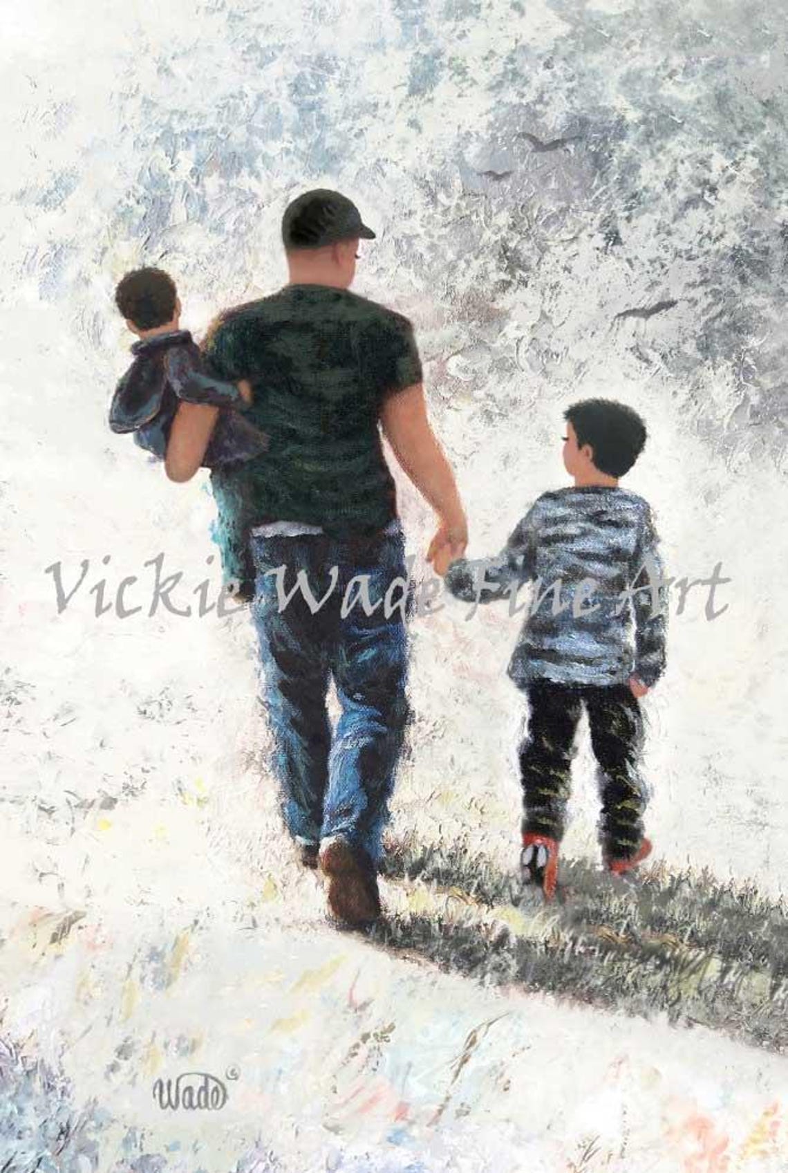 Dad Carrying His Little Son and Holding His Brother's Hand Poster