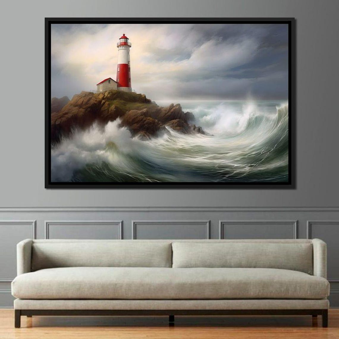 Red White Lighthouse Rocky Cliff Crashing Waves Coastal Travel Poster - Image 4
