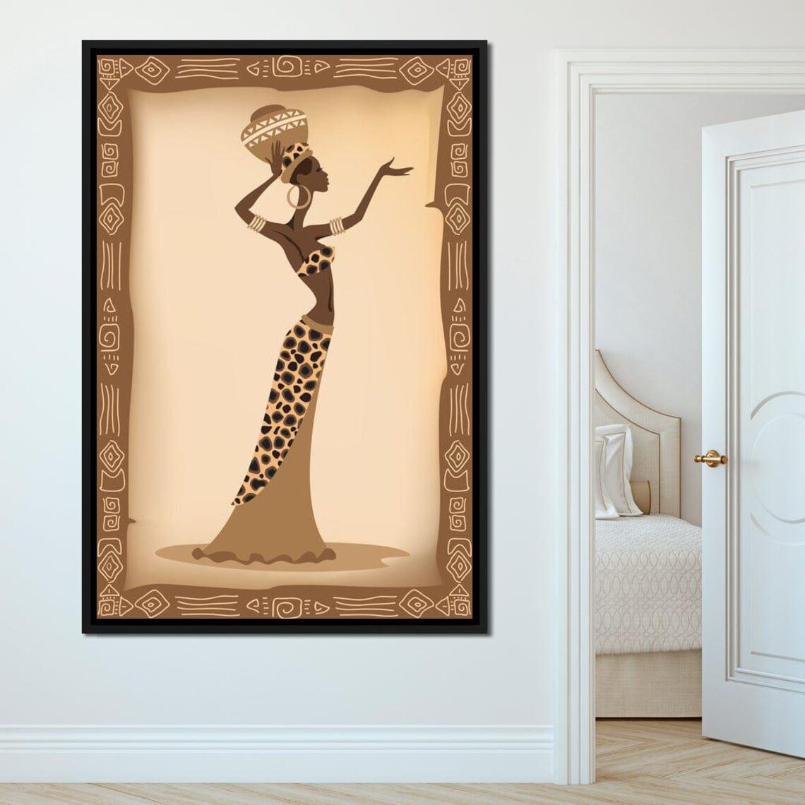 African Woman Leopard Print Dress Basket Tribal Border Beige Art Poster - Image 2