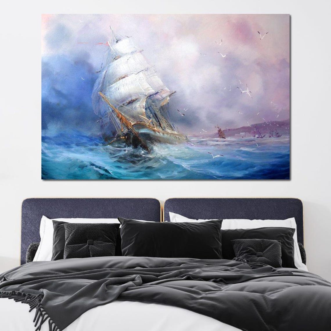 Tall Sailing Ship Ocean Waves Blue Purple Nautical Seascape Wall Art - Image 4