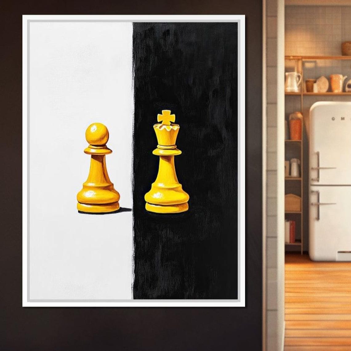Minimalist Yellow Chess King Pawn Black White Split Modern Art Poster