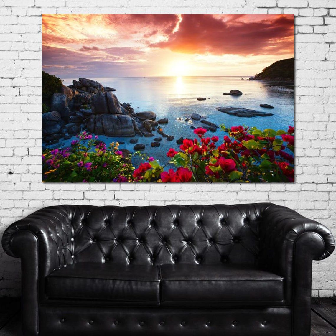 Rocky Tropical Beach Sunset with Bougainvillea Flowers Seascape Poster - Image 3
