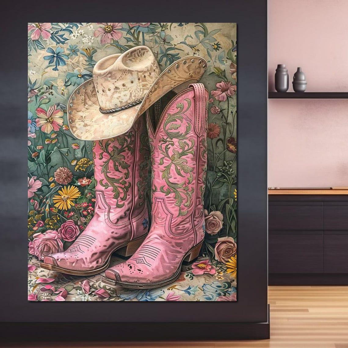 Pink Floral Cowboy Boots Hat Western Country Girl Rustic Chic Wall Art - Image 3