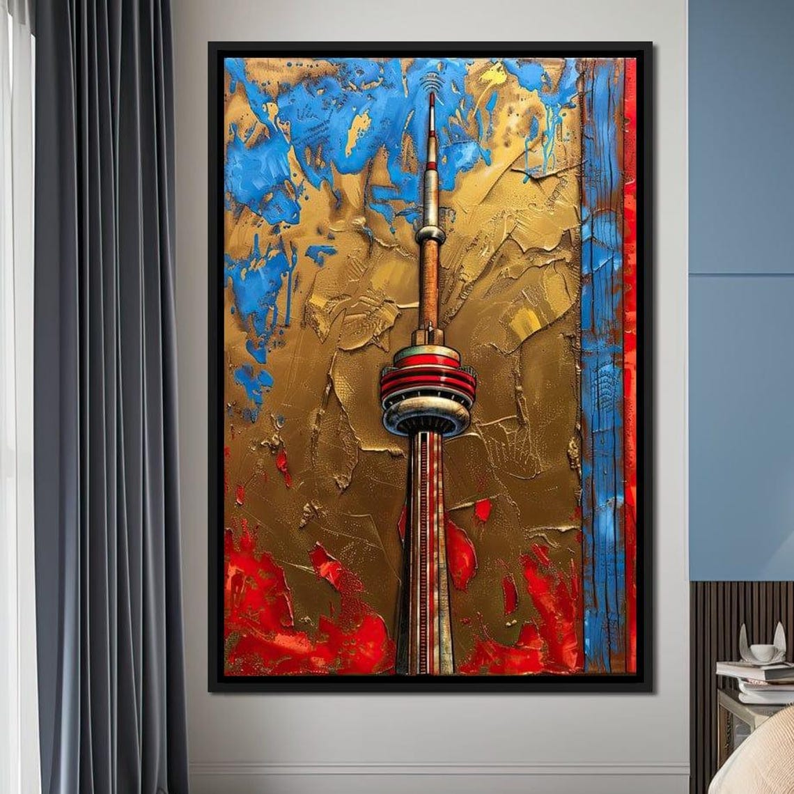 Toronto CN Tower Abstract Gold Blue Red Textured Cityscape Wall Art - Image 4