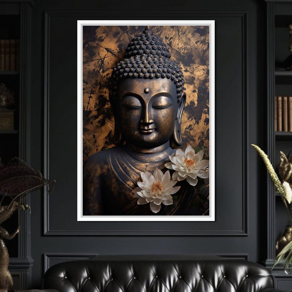 Bronze Buddha Head With White Lotus Flowers Zen Wall Art Poster - Image 2