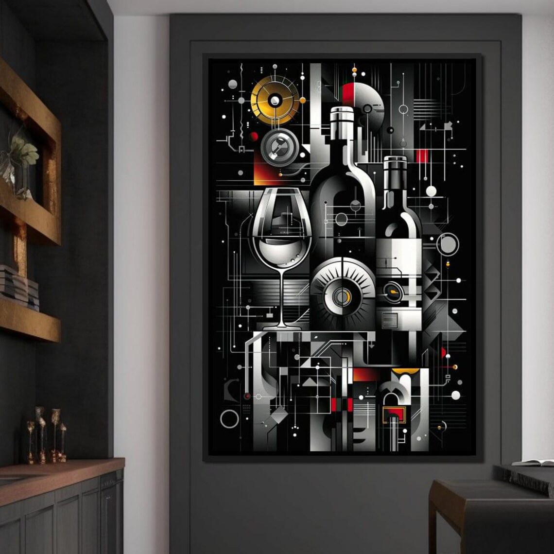Mechanical Wine Mosaic Black Silver Geometric Bottle Glass Bar Wall Art - Image 4