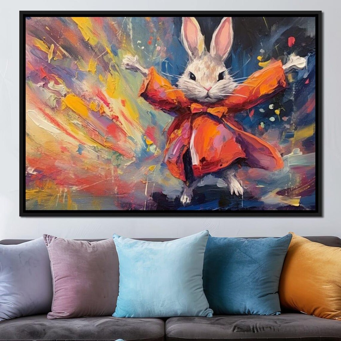Dancing Rabbit Red Robe Vivid Colorful Kids Room Art Bunny Poster - Image 2