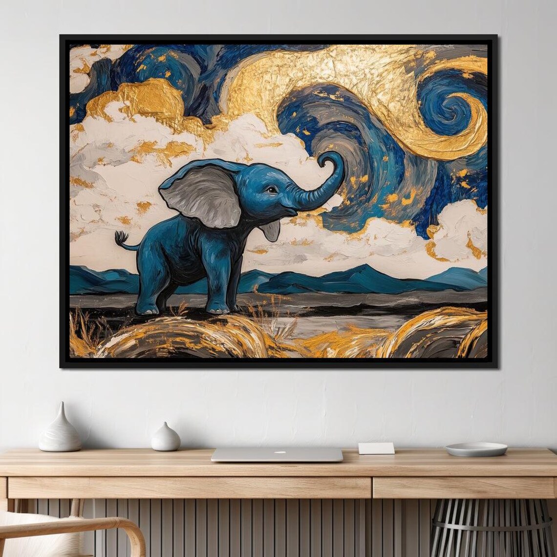 Blue Baby Elephant Starry Night Gold Swirl Sky Whimsical Wall Art Poster - Image 4